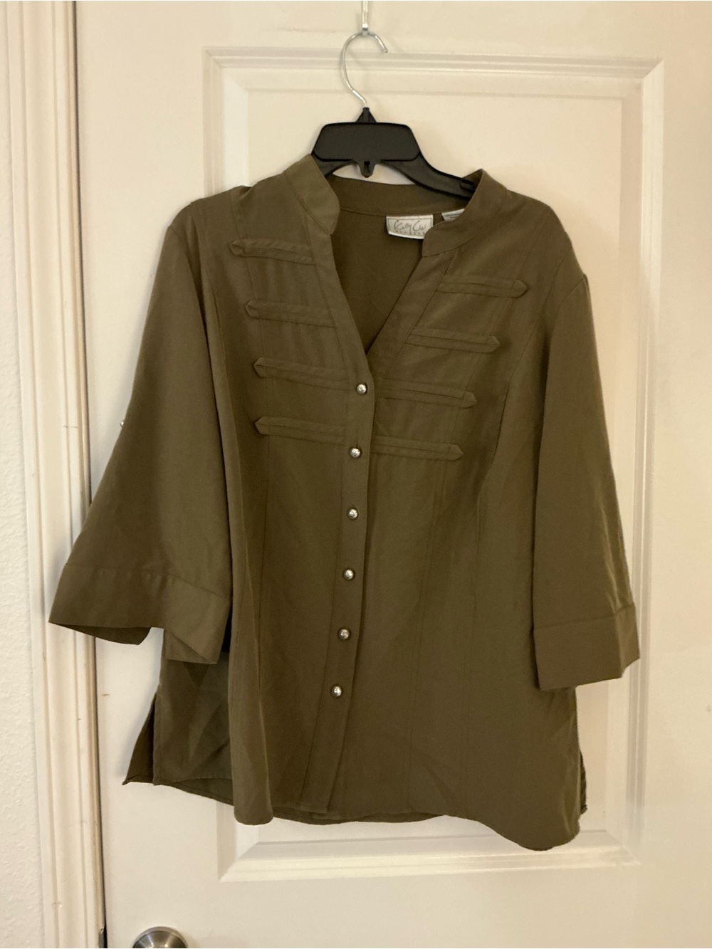 Kathy Che Olive Green Military Utility Blouse Women's 3/4 Roll Tab Sleeve 14/16
